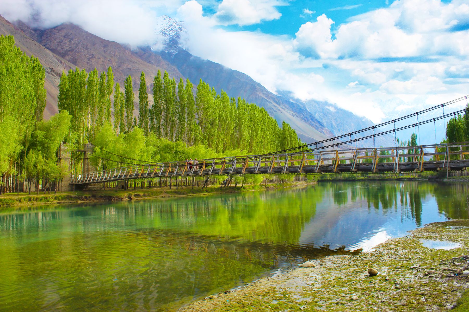 Picturesque footbridge amidst lush greenery and reflections in Gilgit Valley, Pakistan.