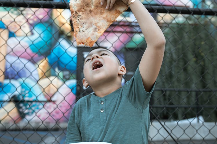 Boy In Green Shirt Eating Pizza 