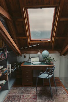A tranquil home office setup in an attic with a skylight, desk, and laptop.