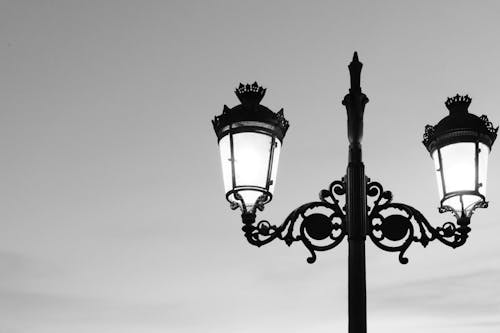 Grayscale Photo of a Lamppost