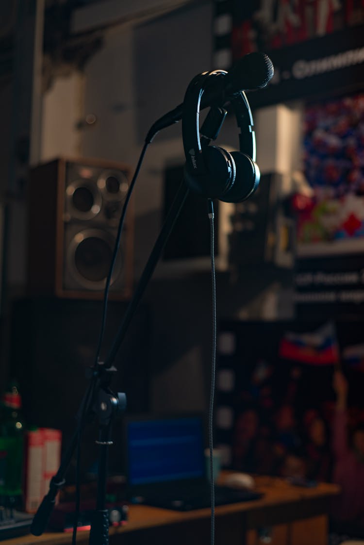 A Microphone And A Headphone On A Mic Stand