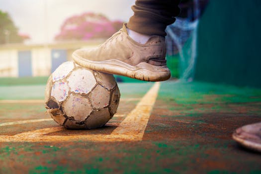 Close-up of a worn sneaker on a soccer ball on a São Paulo court, outdoors, during the day.