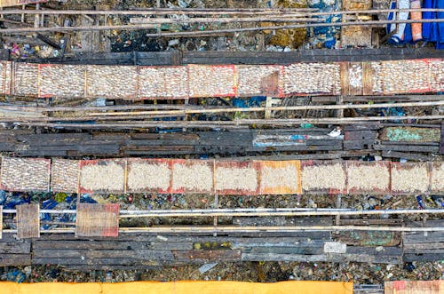 Rows of pathways above litter in poor town