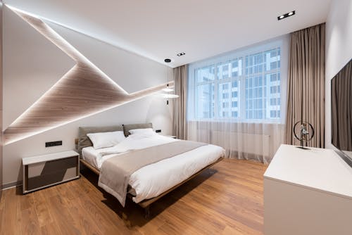 Interior of modern bedroom in hotel