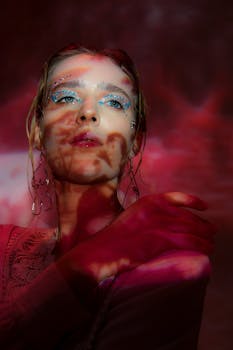 Dreamy young female with eyeshadows and glowing lipstick looking away in colorful studio with pink light with shadows on face and hand on shoulder