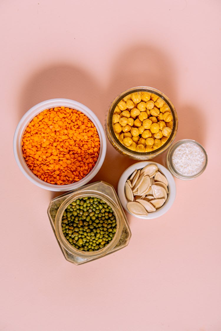 Containers With Chickpeas, Beans And Lentil Seeds