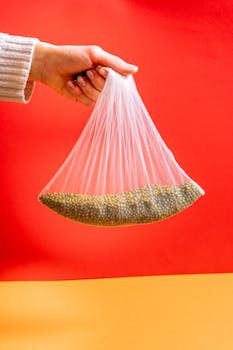 Close-up of a hand lifting a mesh bag filled with green mung beans against a colorful backdrop.