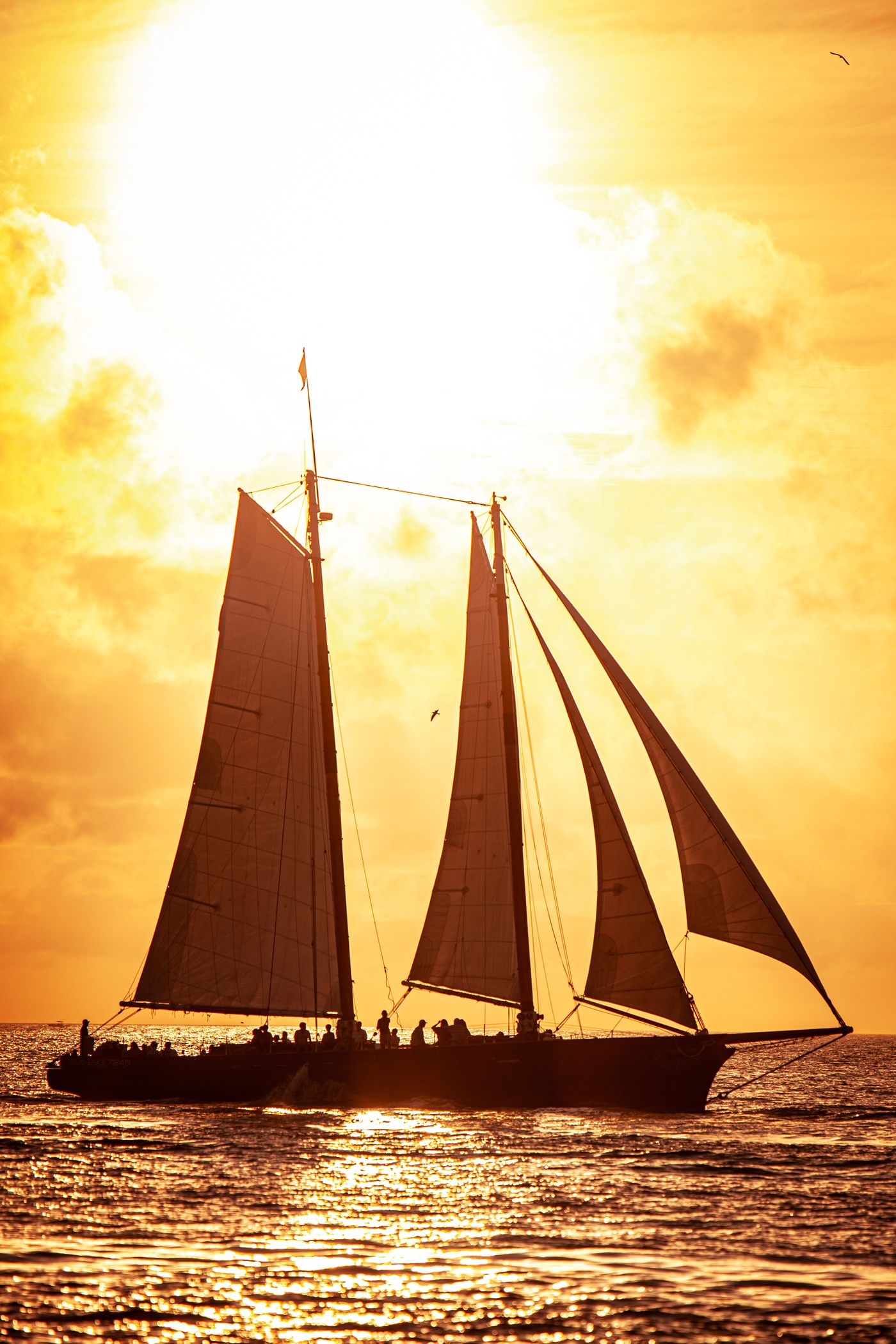 Sailboat silhouetted on the ocean at sunset