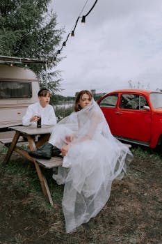 A young couple in wedding attire relaxes outdoors near a vintage car and mobile home.