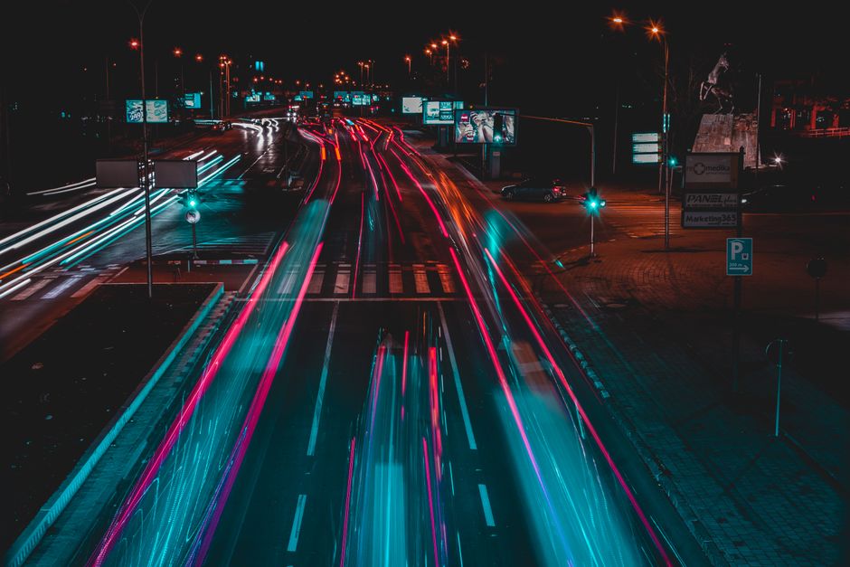 Dynamic long exposure of light trails on a busy Skopje street at night. Dynamic long exposure of light trails on a busy Skopje street at night.