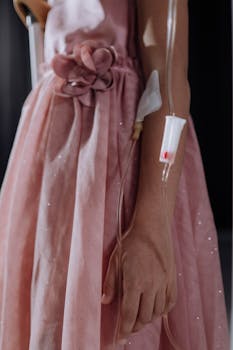 Close-up of a girl's arm with IV, wearing a pink dress, depicting healthcare treatment.