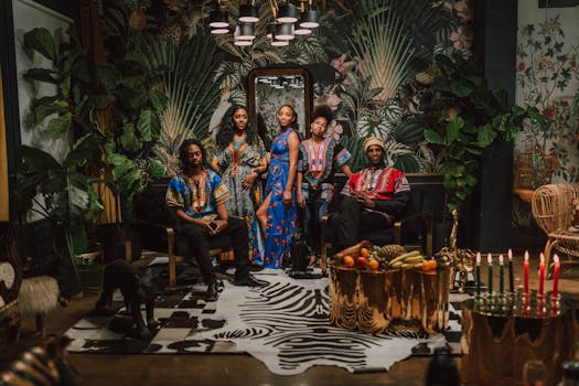 A vibrant Kwanzaa celebration with individuals in traditional attire, surrounded by cultural symbols and festive decor.