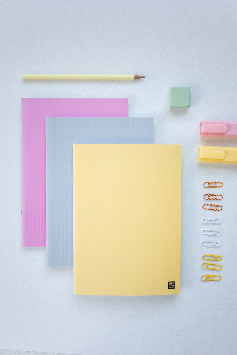 Pastel-coloured school stationery arranged neatly