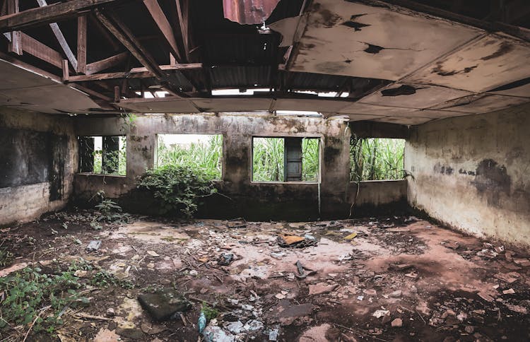 Abandoned House With Damaged Ceiling 