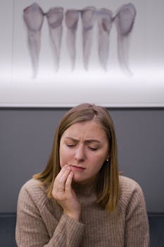 A concerned adult woman with a toothache sits in a dental office.
