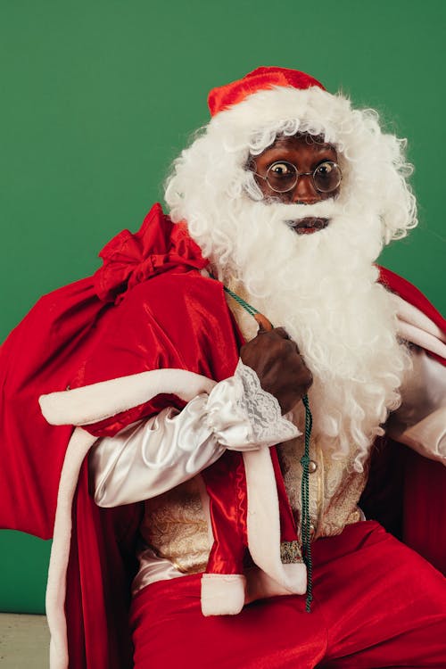 Santa Claus Looking Surprised While Holding a Santa Bag