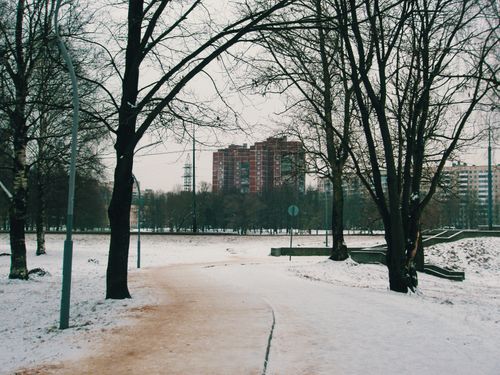 Free Serene winter scene with snow-covered path and city buildings in the background. Stock Photo