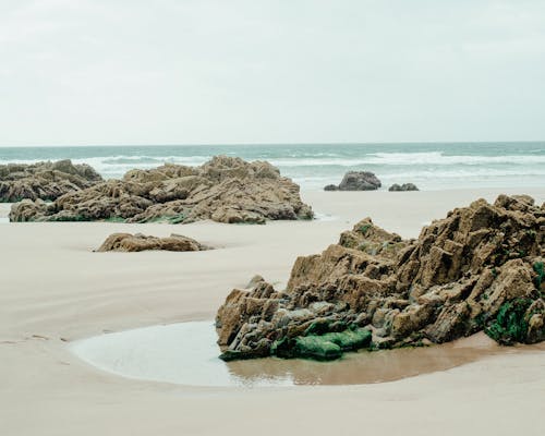 Spectacular scenery of rough rocky formations on sandy beach near powerful wavy ocean against overcast sky