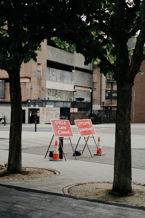 Temporary road signs with Cycle Lane Closed inscription placed on pavement near sidewalk and building on city street