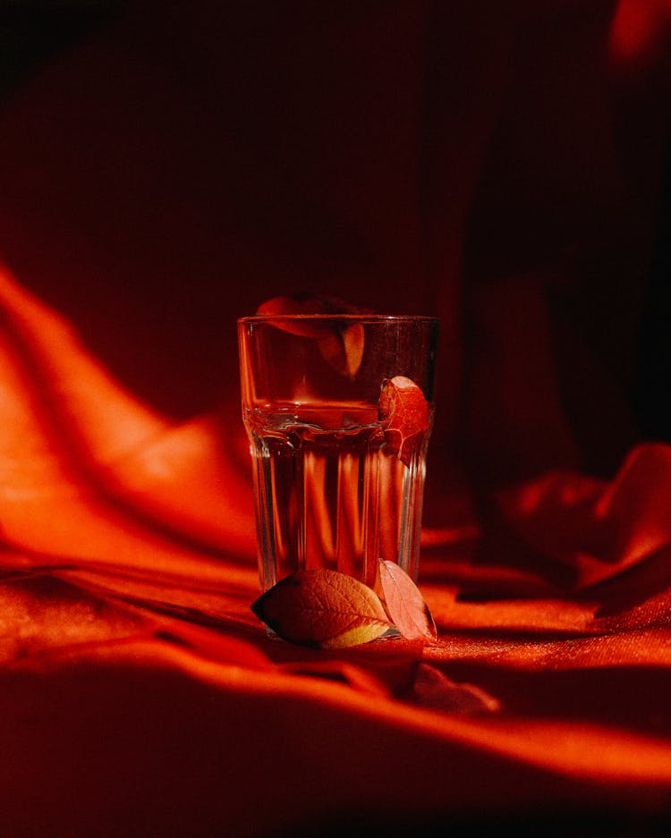 Clean Glass With Water Among Red Leaves In Rays