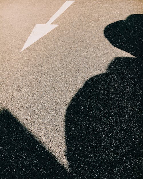 High angle of asphalt highway with white painted arrow and shade under sunlight