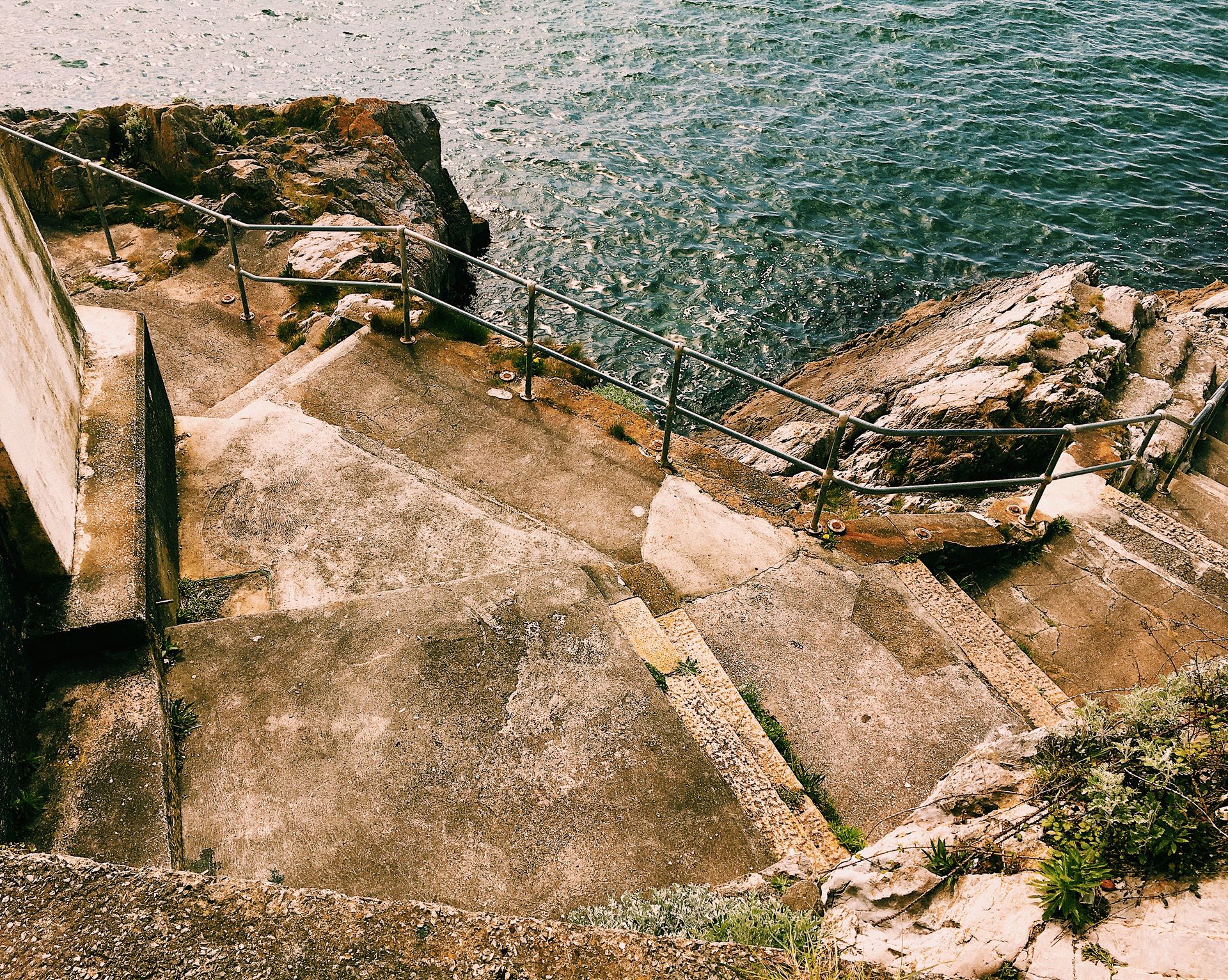 Stony shore near plants and steps with metal railing leading down to rippling sea in sunny summer day