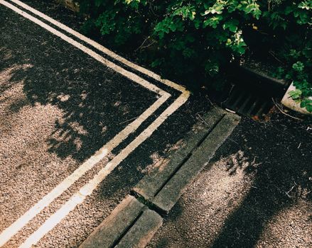 High angle of asphalt road with white lines near sewer grate and green plants with leaves in summer sunny day in street