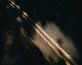 From above of asphalt roadway with yellow marking lines with dark shades near ground in sunny day in street