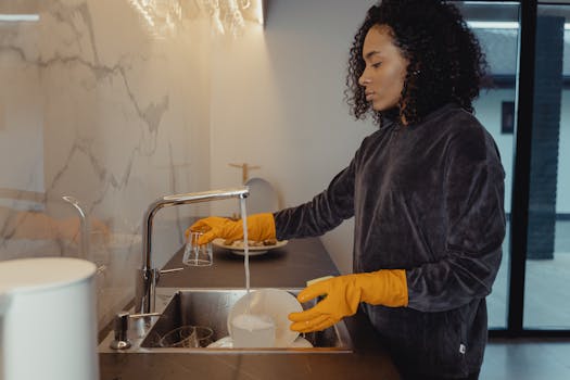 Woman in Blue Long Sleeve Shirt Washing Dishes