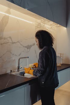 Woman with curly hair washing dishes in a stylish kitchen