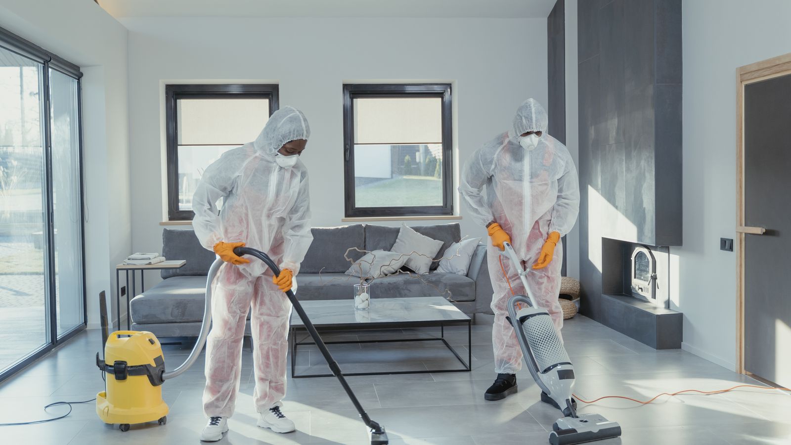 Deux intervenants en équipement de protection aspirent et désinfectent le sol d'une pièce d'habitation.
