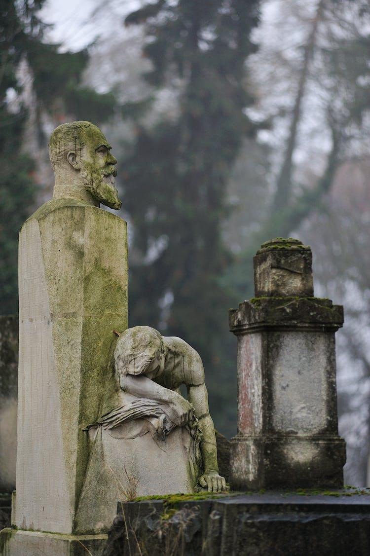 Moss Covered Statue On Cemetery