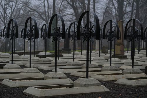 Free Eerie, misty scene of Lychakiv Cemetery, showcasing rows of cross-adorned graves in Lviv, Ukraine. Stock Photo