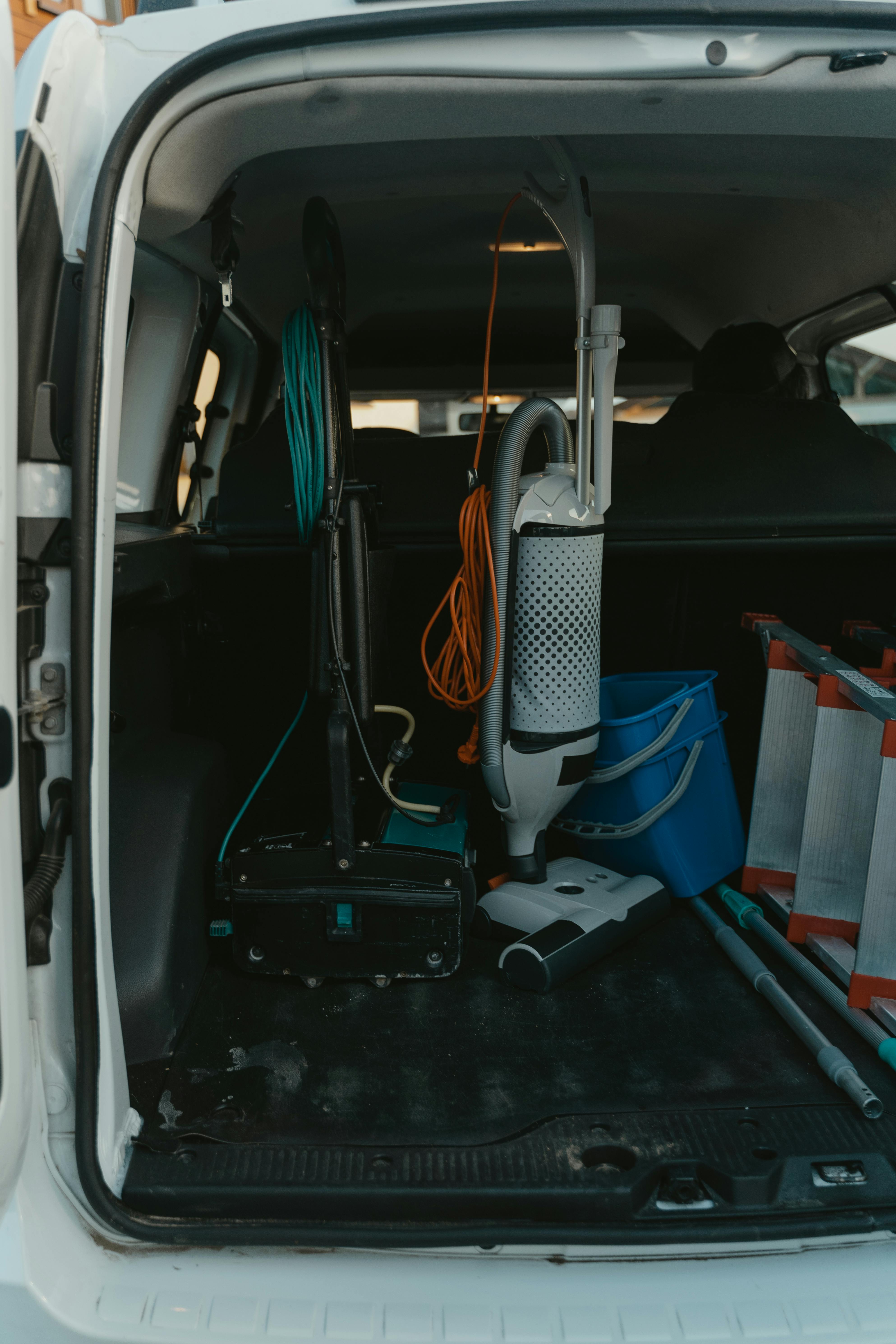 housekeeping equipments inside a service van