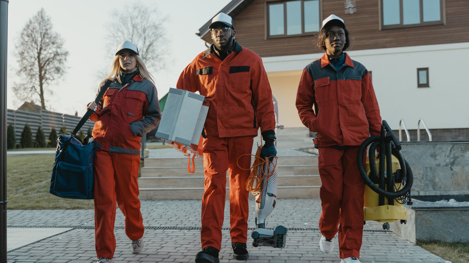 Équipe de techniciens en tenue de travail marchant à l'extérieur, matériel de nettoyage à la main.