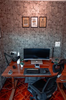 A stylish home office setup featuring a monitor, ergonomic chair, and motivational wall art.