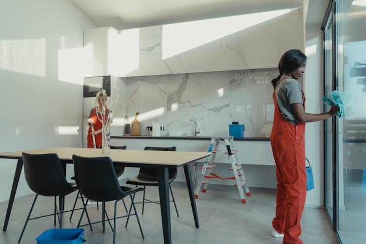 Women In Working Clothes Cleaning The House