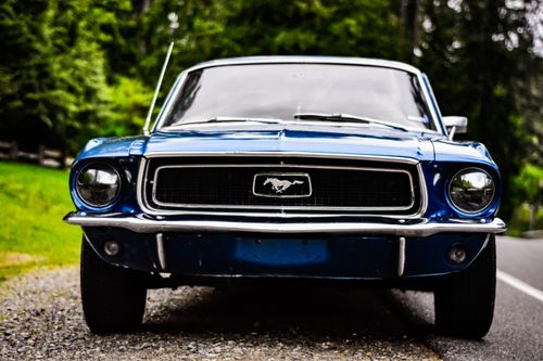 Free Close-up of a classic blue Ford Mustang parked along a scenic road. Stock Photo