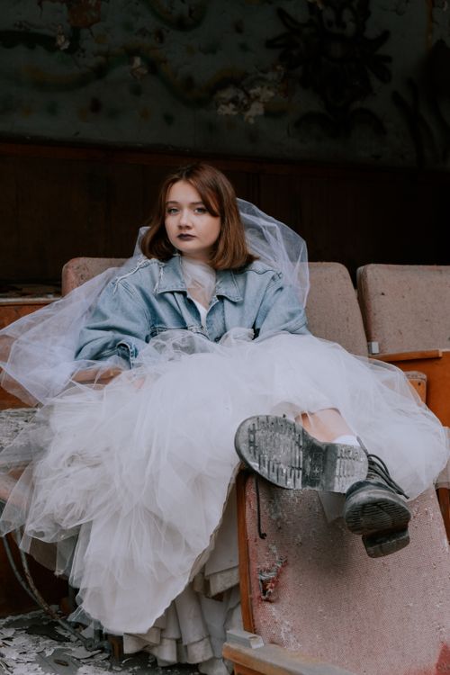 denim jacket with wedding dress Denim Jacket always, even with a wedding dress. Totally my vibe! #brideandgroom #denim #jeanjacket #weddings #newportweddings