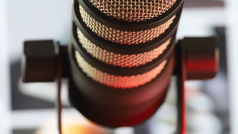 Contemporary studio recording condenser microphone on black stand placed in room with bright framed paintings on blurred background in studio