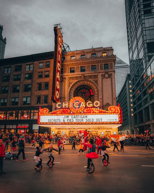 A Parade Passing by the Chicago Theater