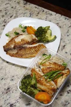 Delicious grilled fish served with vegetables and rice, perfect for a healthy meal.