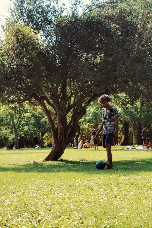 Man Kicking a Football Ball in a Park in Summer 