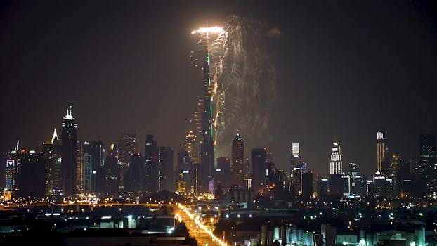 A breathtaking view of fireworks over the Dubai skyline featuring the iconic Burj Khalifa.