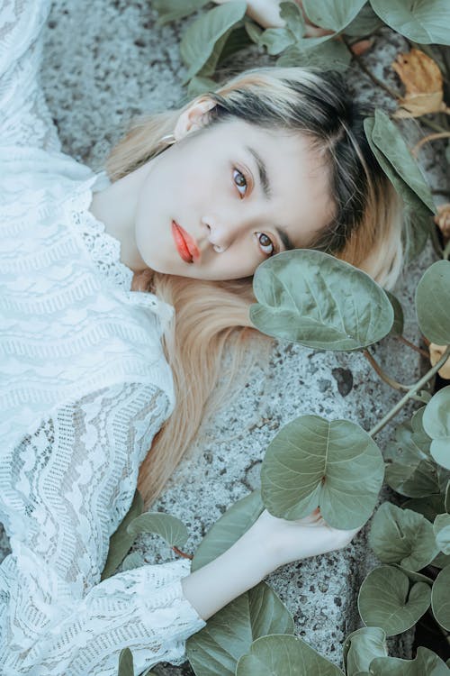 Top view of young Asian female model wearing white lace dress lying on stone surface and carrying green leaf and looking at camera