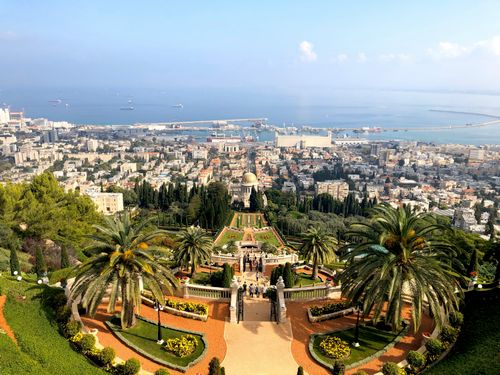 Free Aerial view of Baha'i Gardens overlooking the city of Haifa and the Mediterranean Sea. Stock Photo