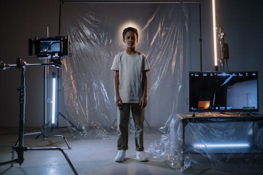 Portrait of a young boy standing in a studio with professional film equipment, highlighting creativity.
