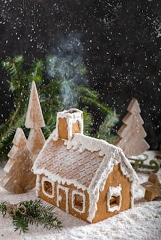 Cozy gingerbread house surrounded by faux snow and pine branches, perfect for festive decor.