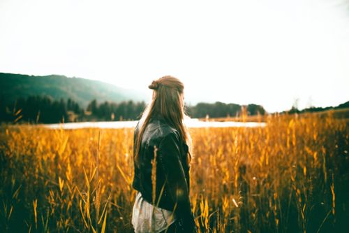Free Young woman enjoying a tranquil autumn countryside in warm evening light. Stock Photo