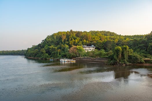 A tranquil riverfront scene with boats moored by lush green trees and a distant house.